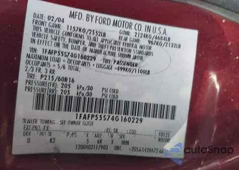 2004 Ford Taurus Ses z USA, uszkodzony, nr VIN 1FAFP55S74G160229